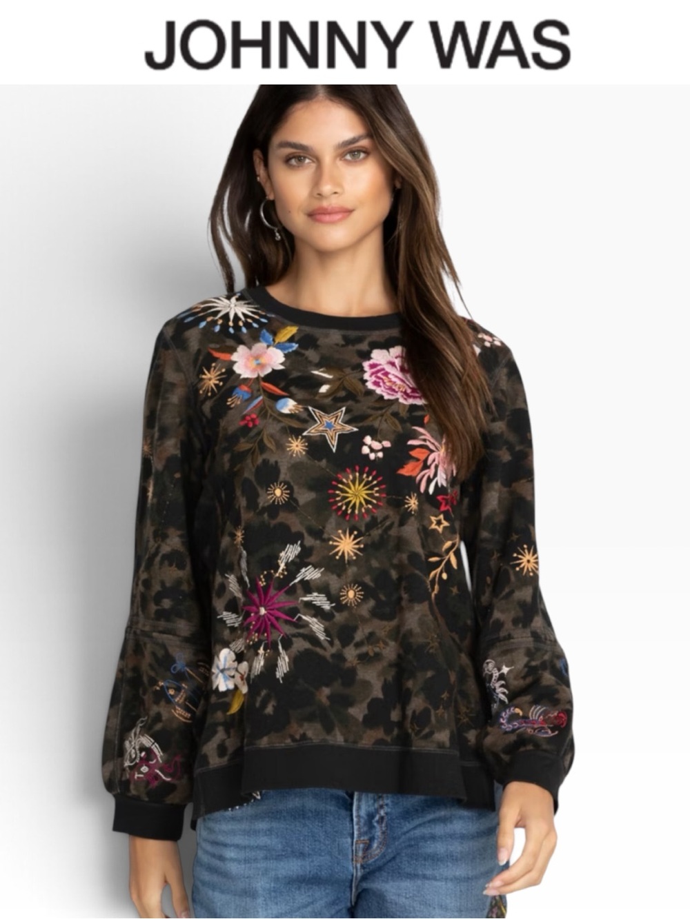 JOHNNY WAS CELESTIN EMBROIDERED SIDE SLIT SWEATSHIRT CAMO FLORAL BOHO SIZE MED